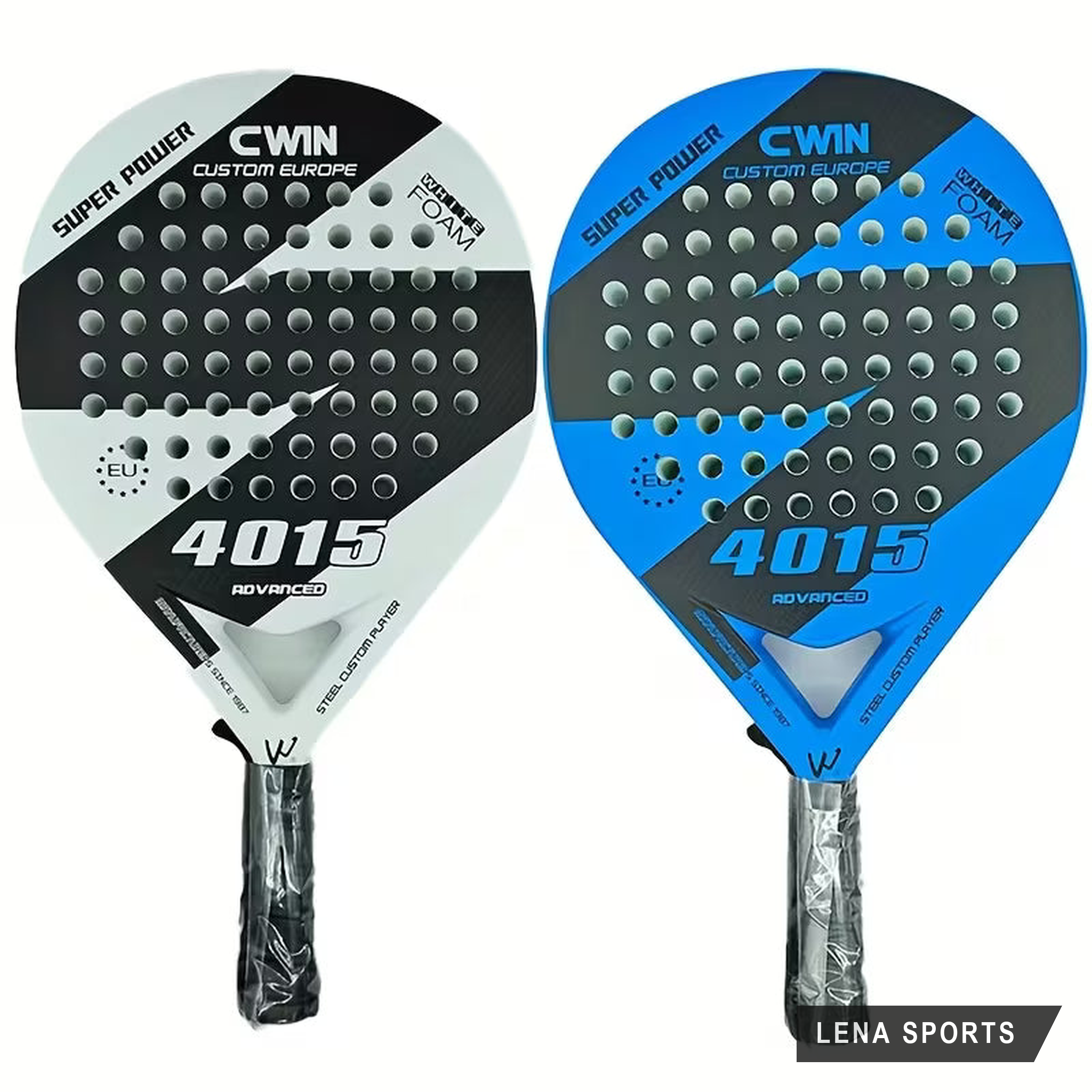 Pala de pádel CWIN 4015 en sus dos colores, azul y blanca, con su funda