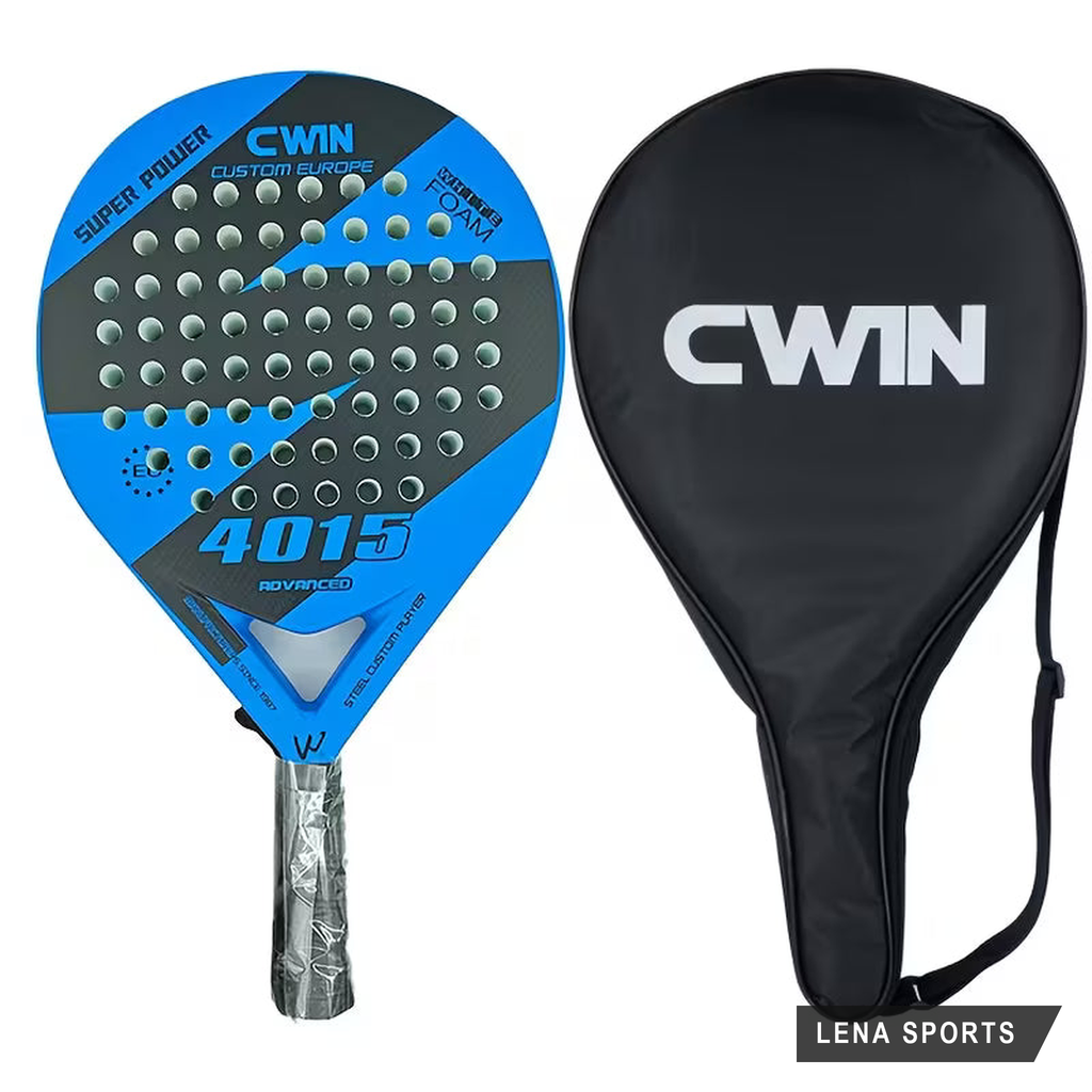 Pala de pádel CWIN 4015 azul, vista frontal, con su funda de transporte