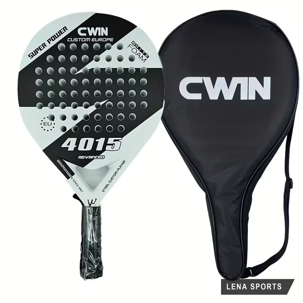 Pala de pádel CWIN 4015 blanca, vista frontal, con su funda de transporte