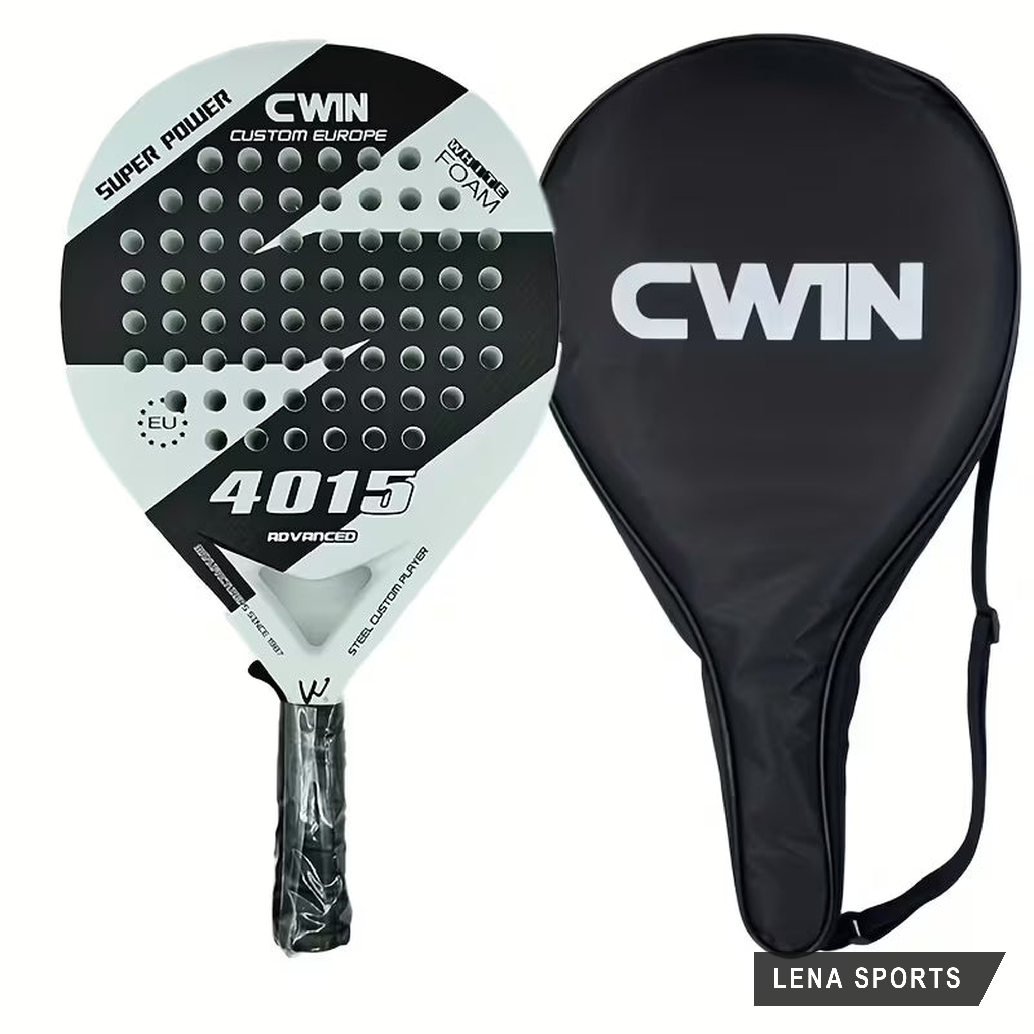 Pala de pádel CWIN 4015 blanca, vista frontal, con su funda de transporte