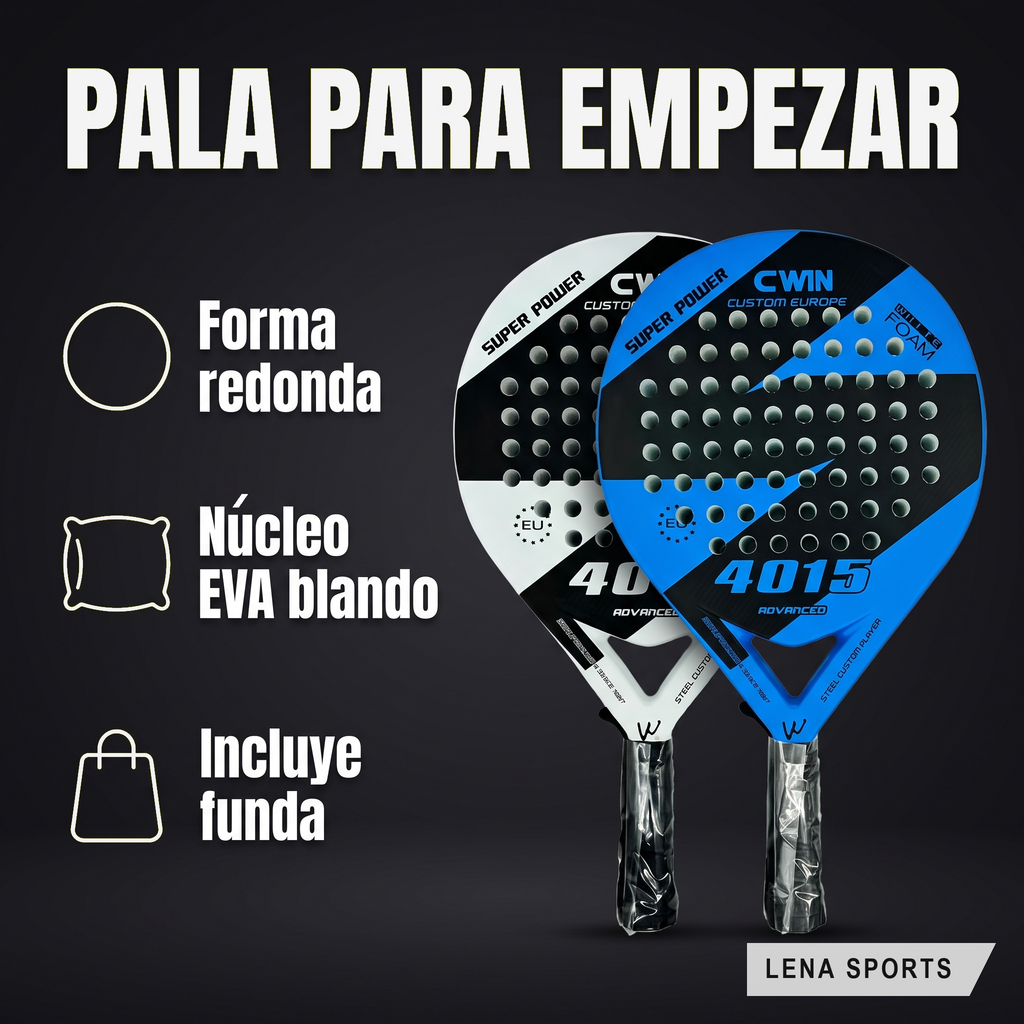 Pala de pádel CWIN 4015: forma redonda, núcleo EVA blando e incluye funda de transporte