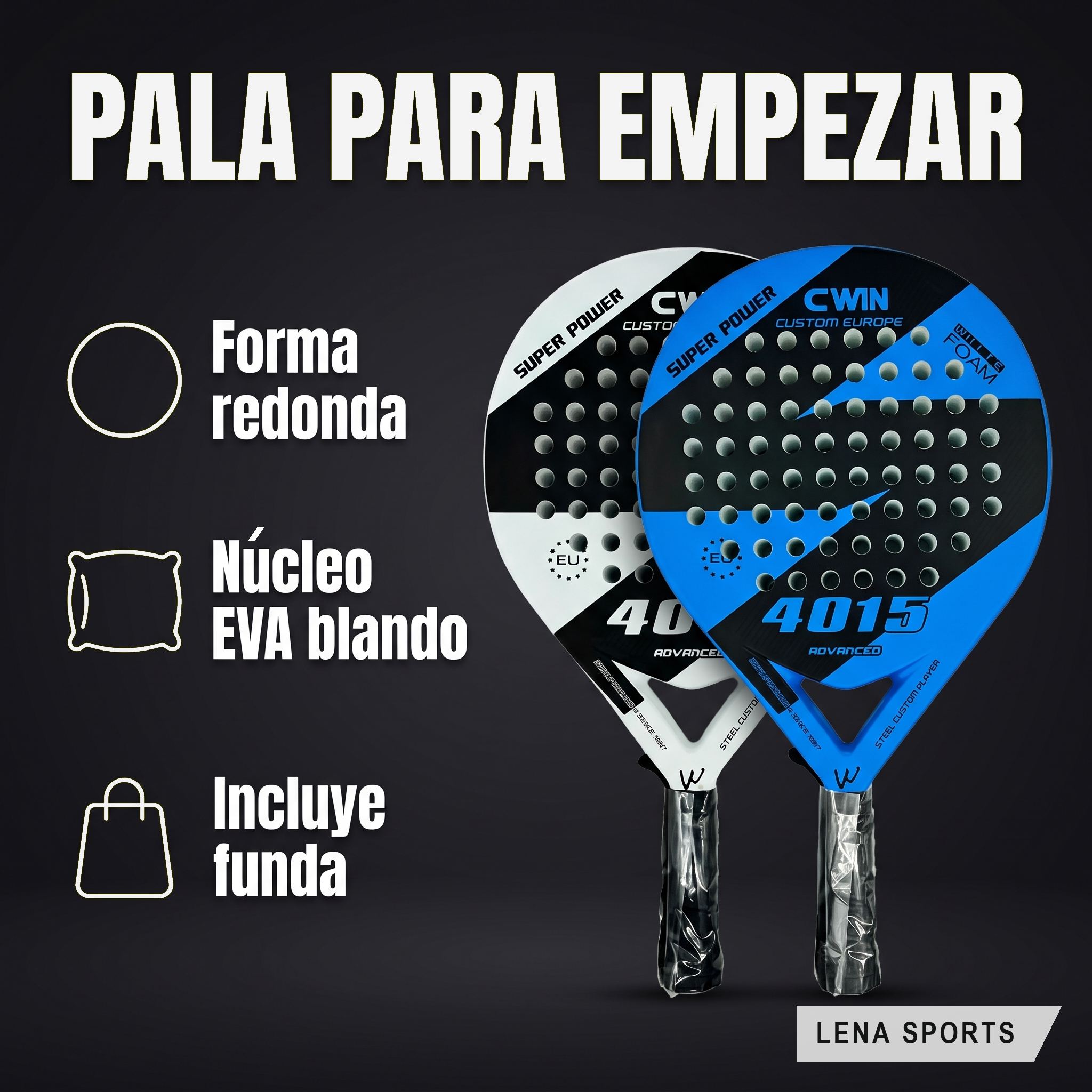 Pala de pádel CWIN 4015: forma redonda, núcleo EVA blando e incluye funda de transporte