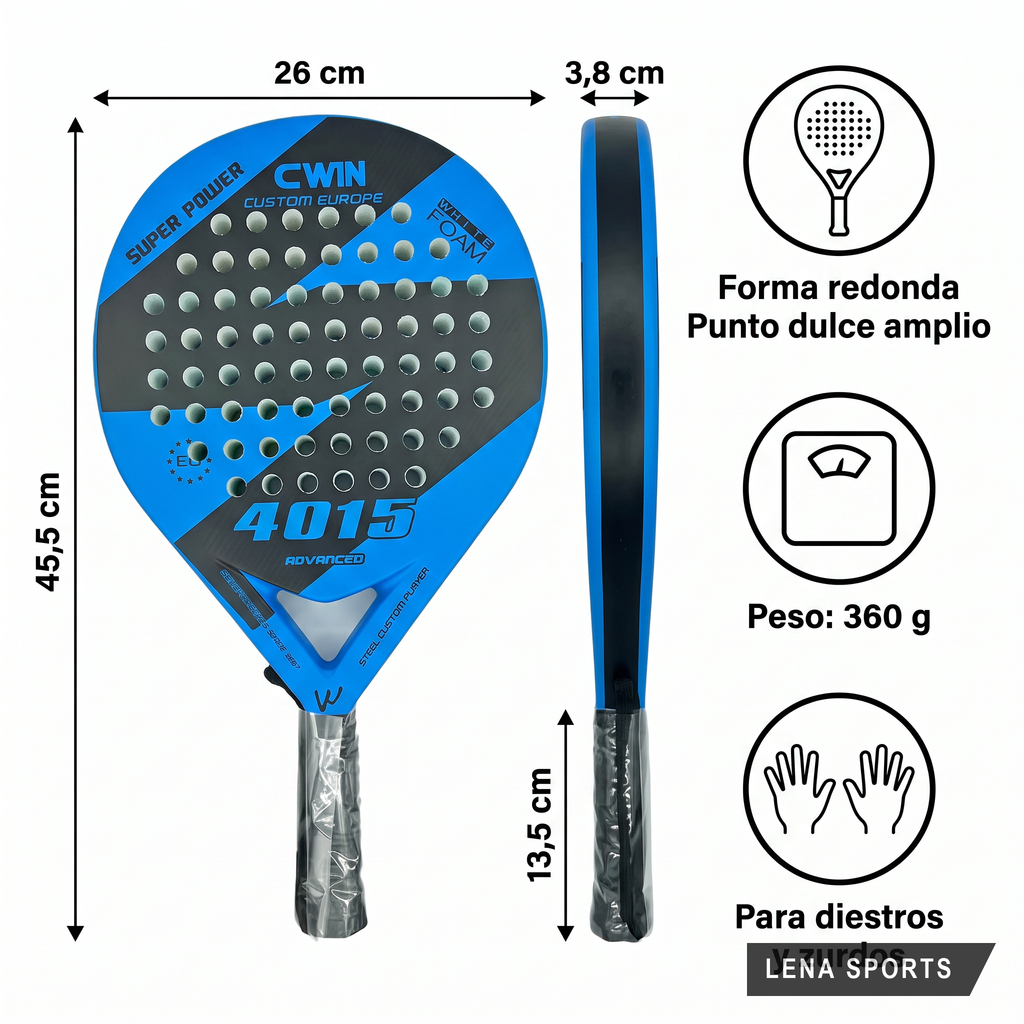 Medidas reglamentarias de la pala CWIN 4015: 45,5 cm de largo, 26 cm de ancho, 3,8 cm de perfil, puño de 13,5 cm y 360 gramos de peso