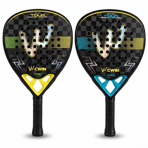 Pala de pádel CWIN Elite Tour Pro en sus dos colores, amarillo y azul, vista frontal