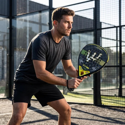 Jugador de pádel en cancha sosteniendo la pala CWIN Elite Tour Pro amarilla, listo para golpear