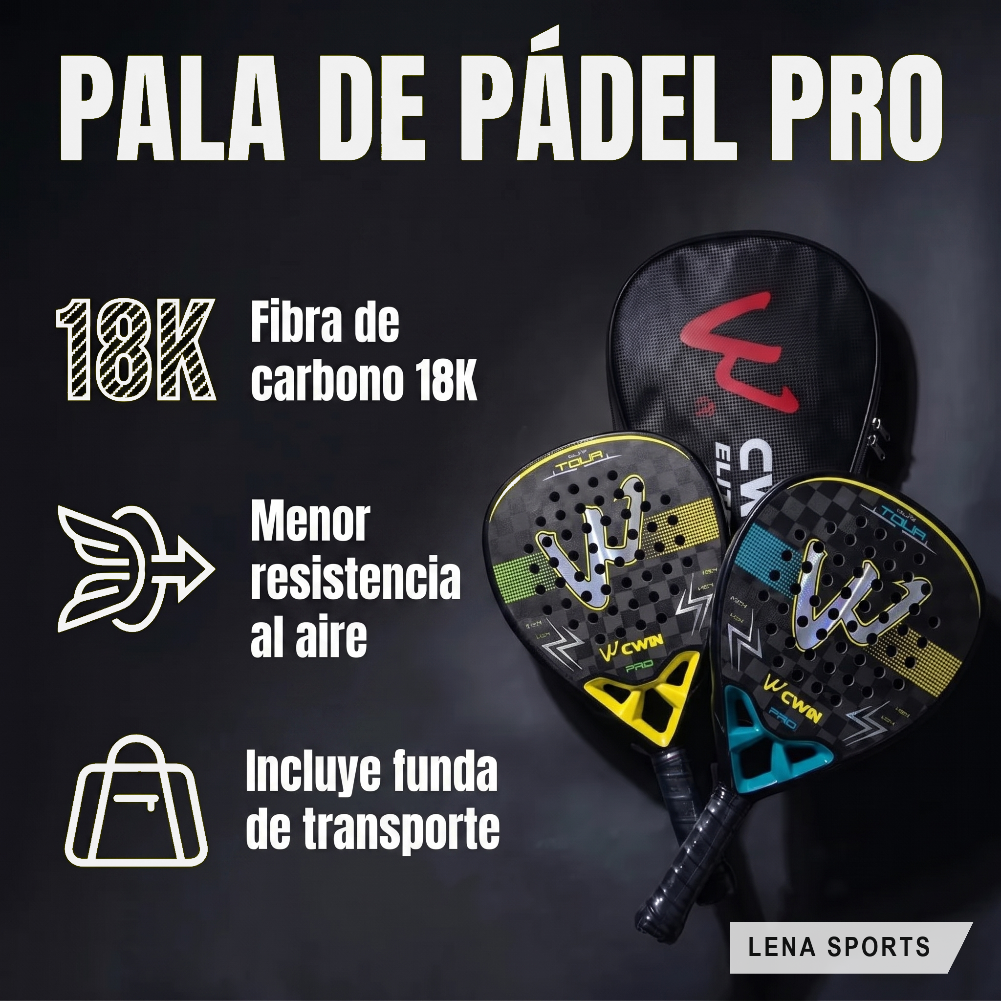 Pala de pádel CWIN Elite Tour Pro: carbono 18K, menor resistencia al aire e incluye funda de transporte