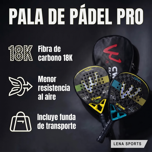 Pala de pádel CWIN Elite Tour Pro: carbono 18K, menor resistencia al aire e incluye funda de transporte