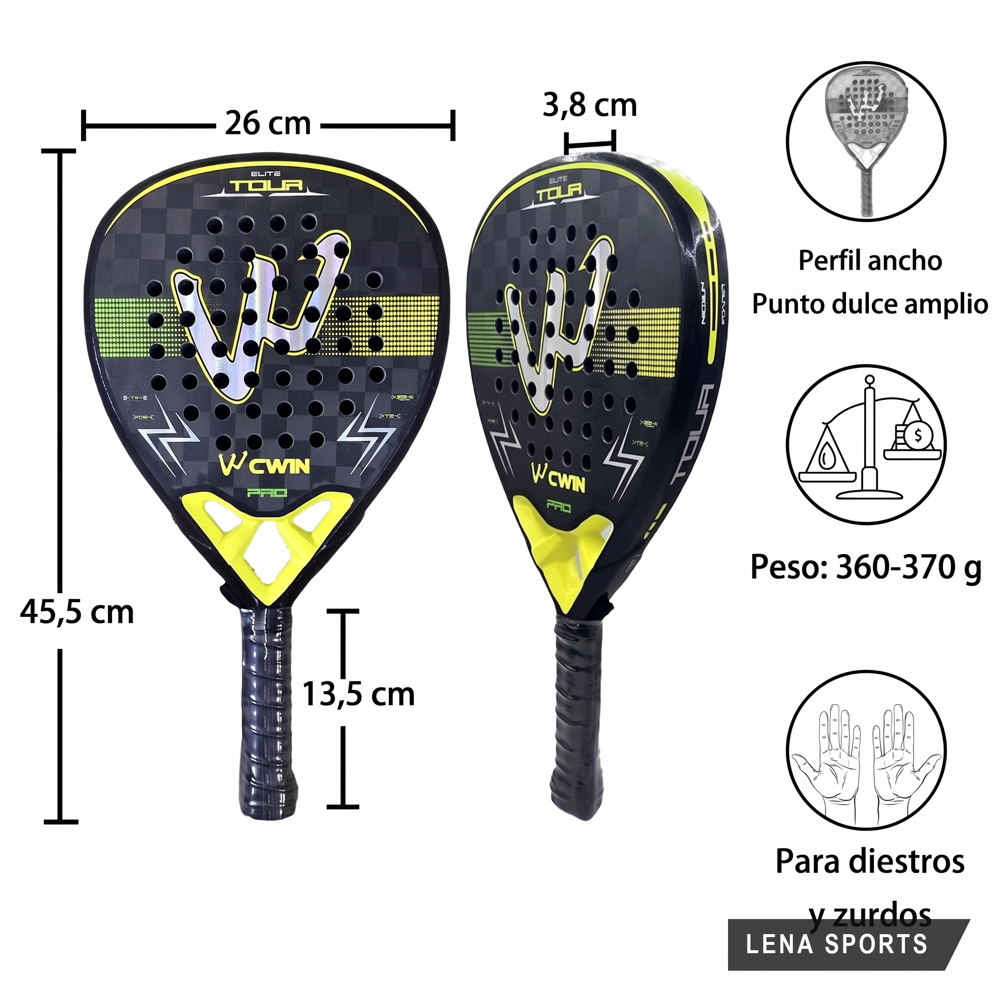 Medidas reglamentarias de la pala CWIN Elite Tour Pro: 45,5 cm de largo, 26 cm de ancho, 3,8 cm de perfil, puño de 13,5 cm y peso de 360 a 370 gramos