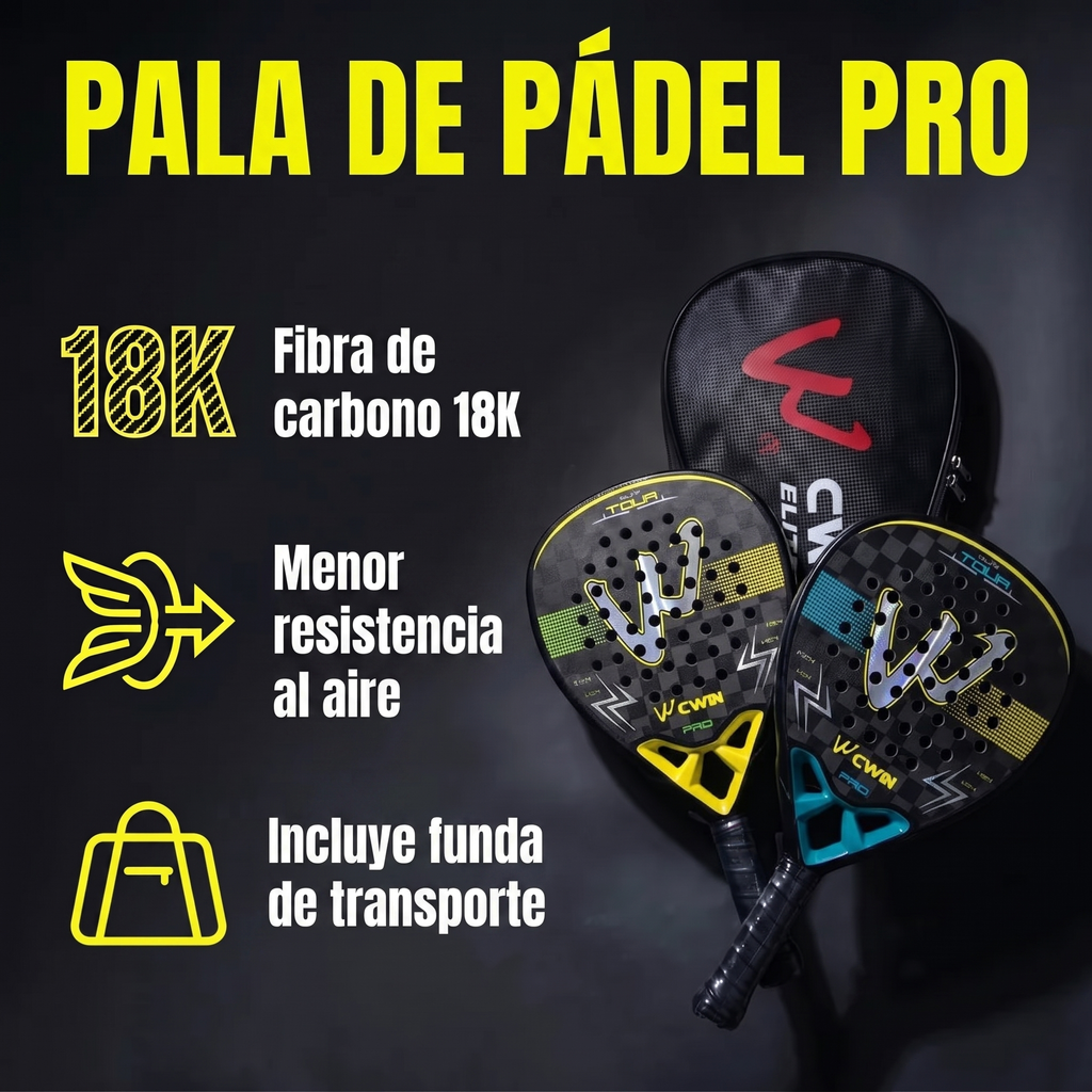 Pala de pádel CWIN Elite Tour Pro: carbono 18K, menor resistencia al aire e incluye funda de transporte