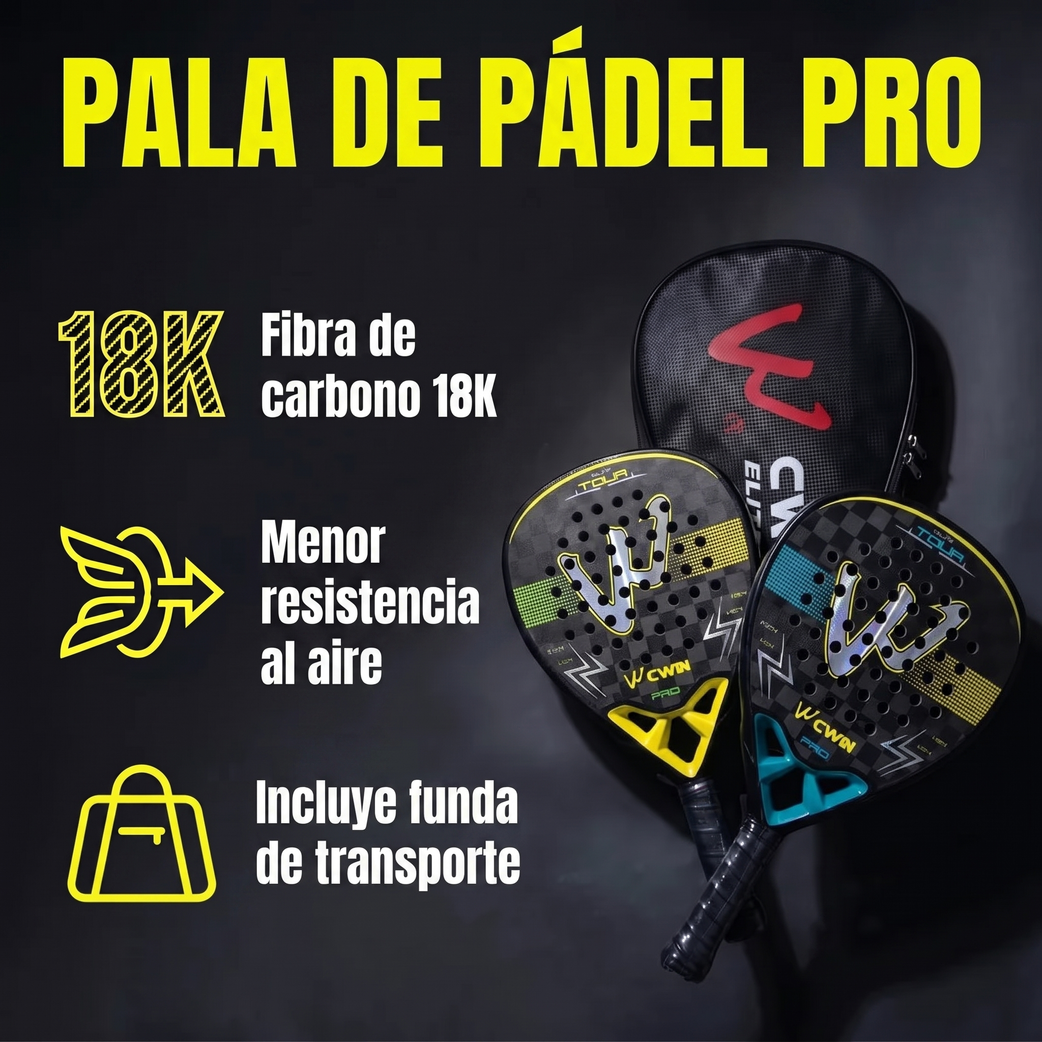 Pala de pádel CWIN Elite Tour Pro: carbono 18K, menor resistencia al aire e incluye funda de transporte