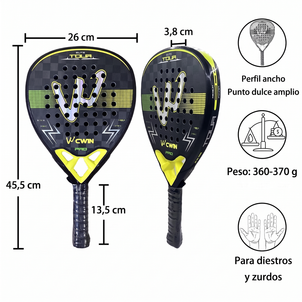 Medidas reglamentarias de la pala CWIN Elite Tour Pro: 45,5 cm de largo, 26 cm de ancho, 3,8 cm de perfil, puño de 13,5 cm y peso de 360 a 370 gramos
