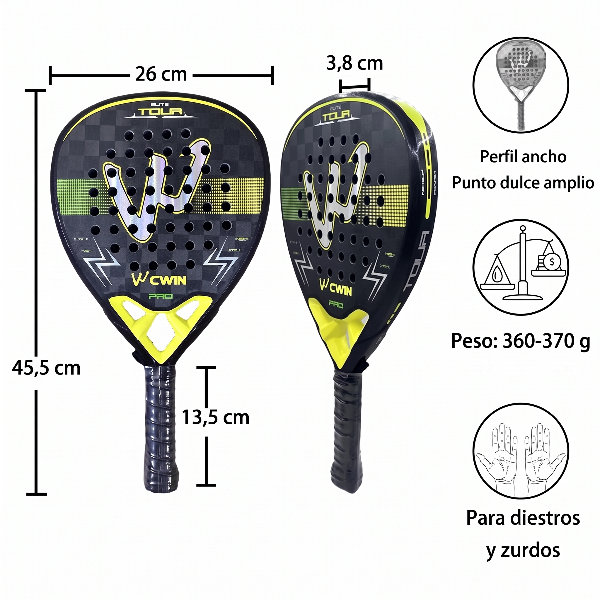 Medidas reglamentarias de la pala CWIN Elite Tour Pro: 45,5 cm de largo, 26 cm de ancho, 3,8 cm de perfil, puño de 13,5 cm y peso de 360 a 370 gramos