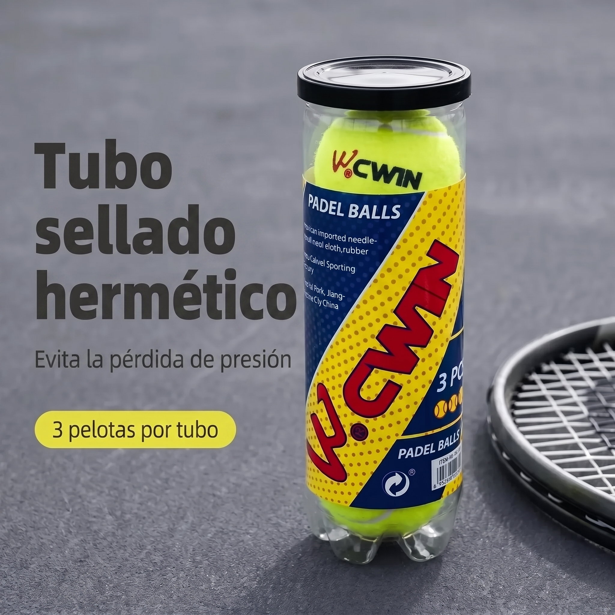 Tubo sellado hermético de pelotas de pádel CWIN que evita la pérdida de presión, 3 pelotas por tubo