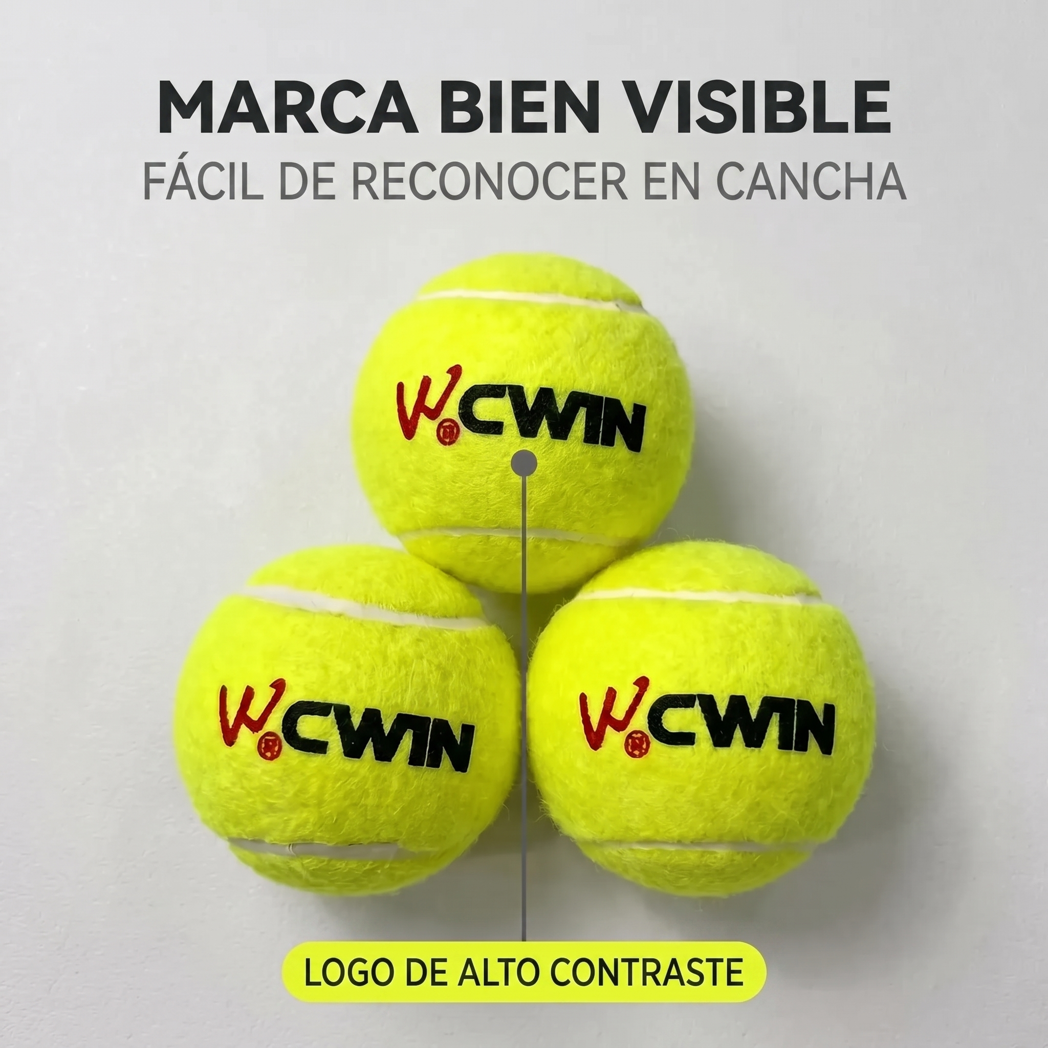 Logo CWIN de alto contraste impreso en las pelotas de pádel, fácil de reconocer en cancha