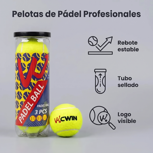 Pelotas de pádel CWIN profesionales: tubo de 3 unidades con rebote estable, tubo sellado y logo visible