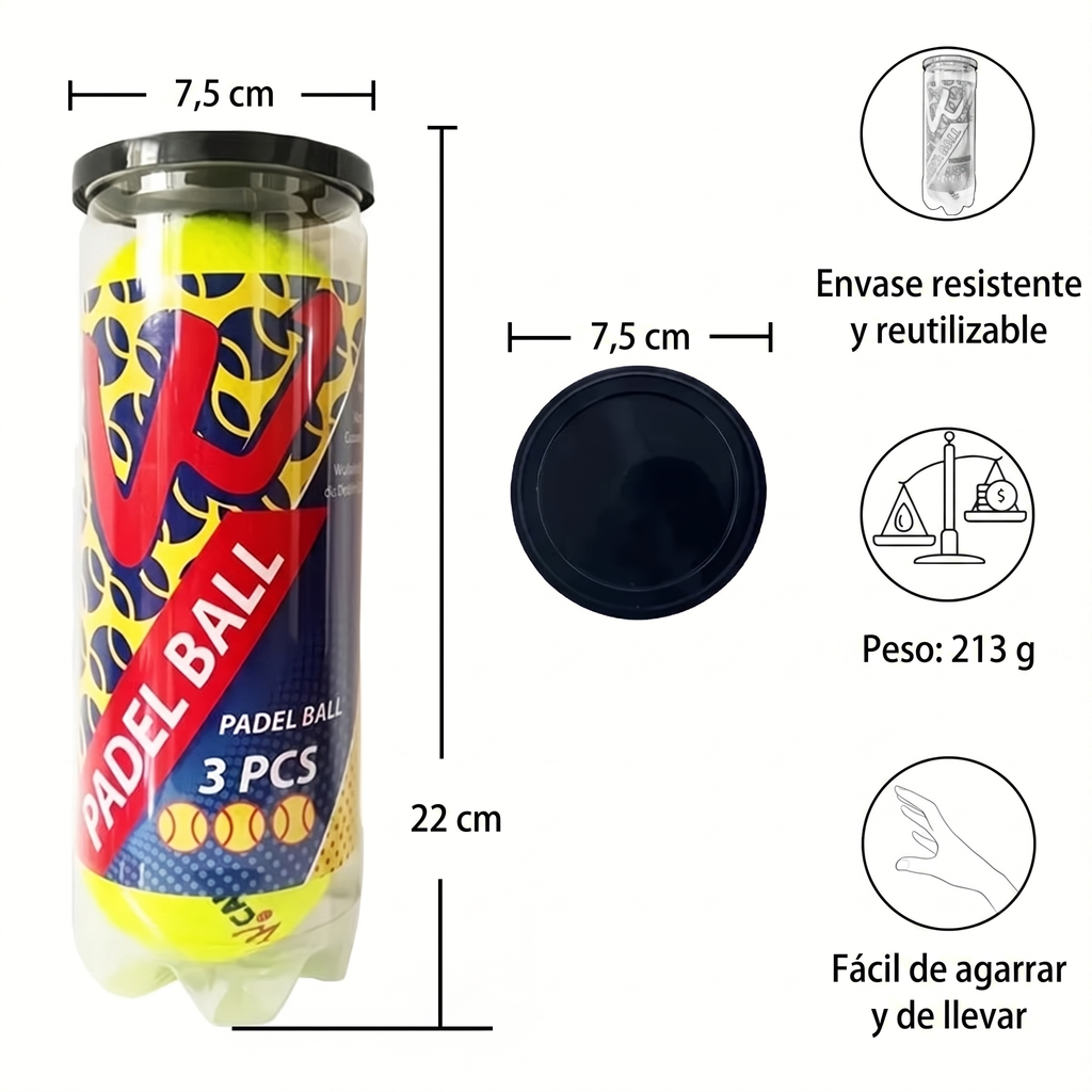 Medidas del tubo de pelotas de pádel CWIN: 7,5 cm de diámetro, 22 cm de alto y 213 gramos de peso