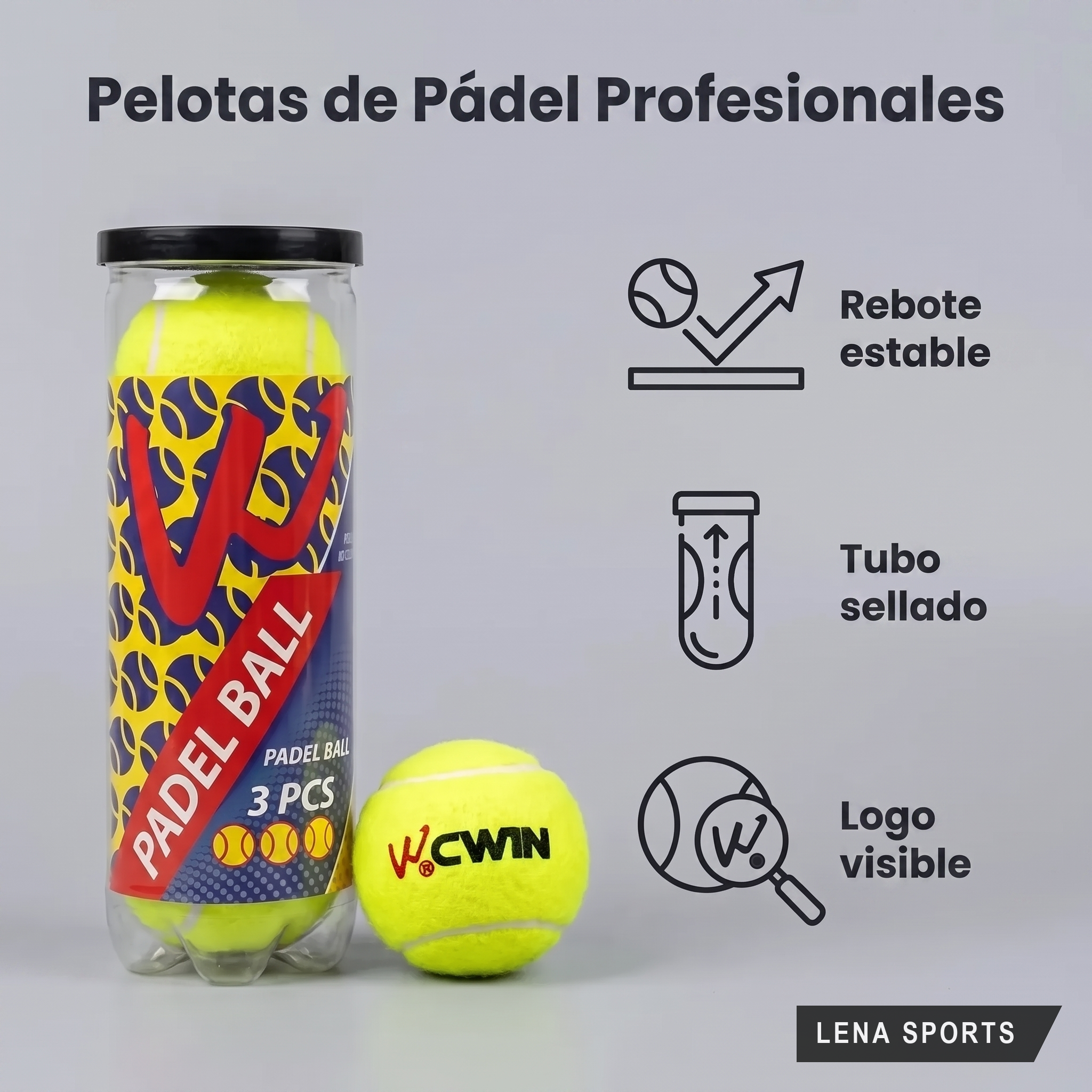 Pelotas de pádel CWIN: tubo de 3 unidades con rebote estable, tubo sellado y logo visible