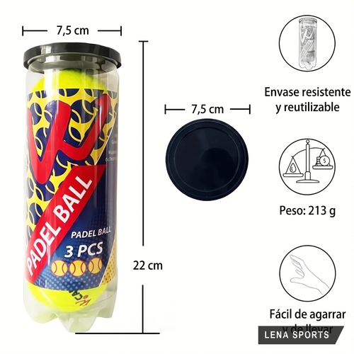 Medidas del tubo de pelotas de pádel CWIN: 7,5 cm de diámetro, 22 cm de alto y 213 gramos de peso